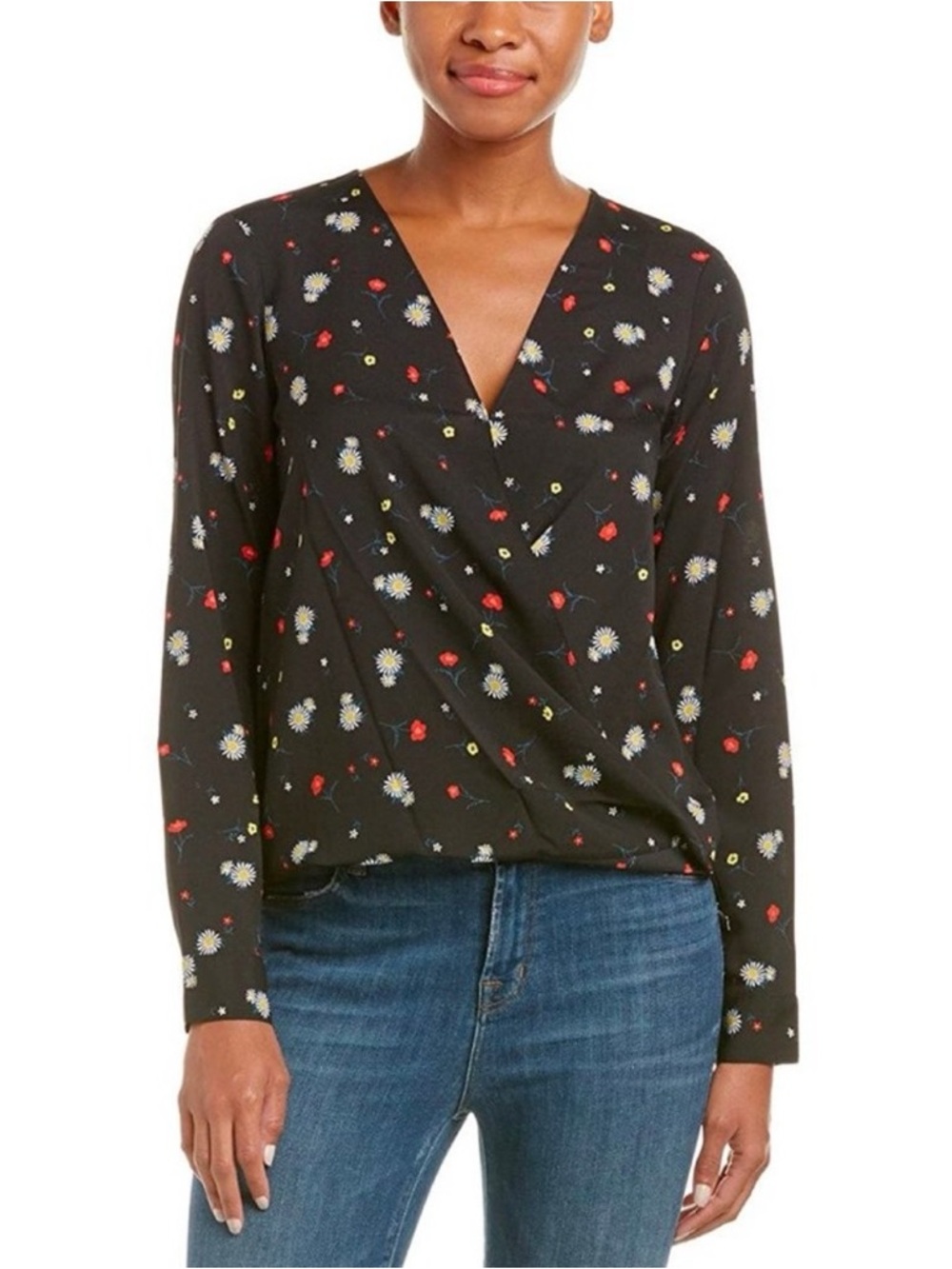 Bcbgeneration black floral print surplice wrap top long sleeve NWOT size medium